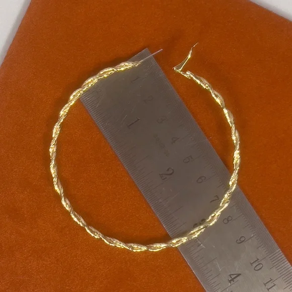 GOLD TONED TEXTURED 3" HOOP EARRINGS - Picture 3 of 3